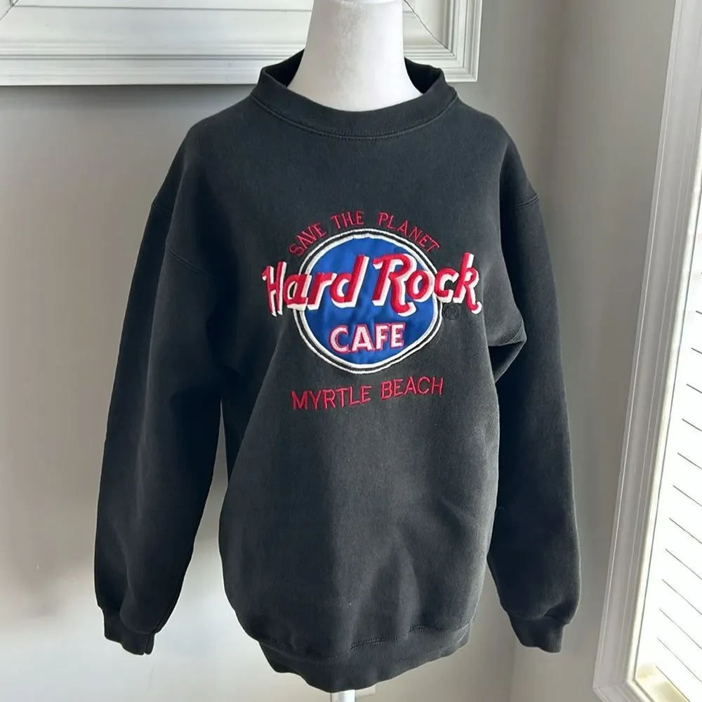 Vintage 90s Save the Planet Hard Rock Cafe Black Myrtle Beach Sweatshirt - Picture 3 of 7
